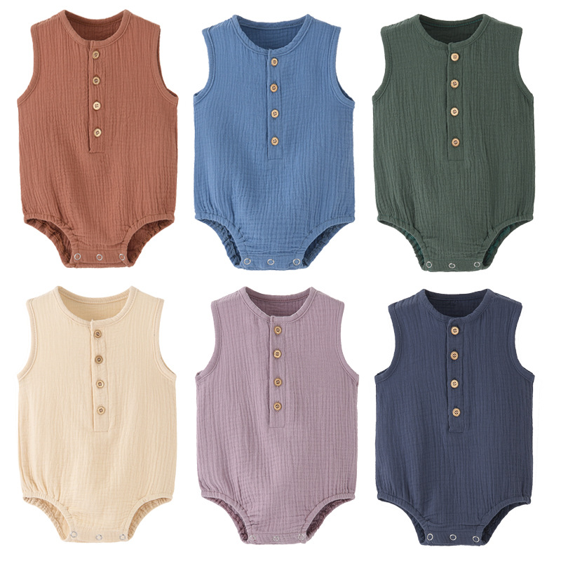 Baby Summer Linen Sleeveless Jumpsuit - Yazlık, Düz Renk, Yeni Doğan Bebekler