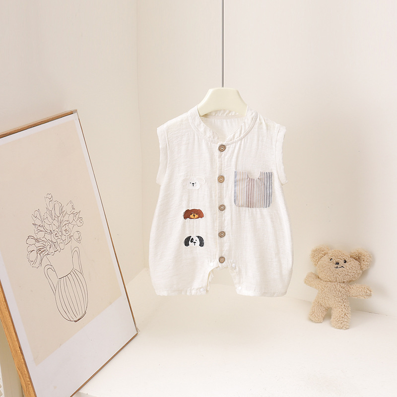 Baby Summer Linen Sleeveless Jumpsuit - Bebek Erkek Yaz Romper Karikatür Hayvan